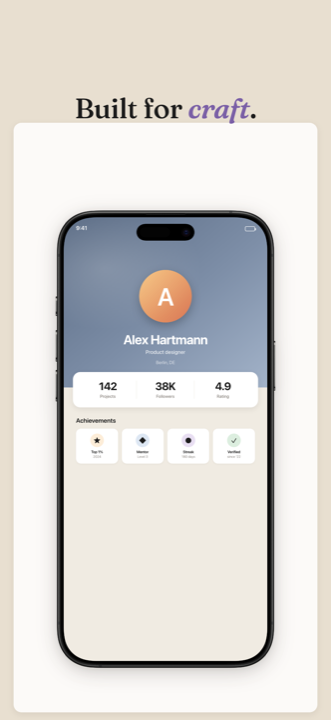 AppScreen example — Card theme, inner card panel behind the device, iPhone 16 Pro Max frame, user profile screen with avatar and stats inside the device.