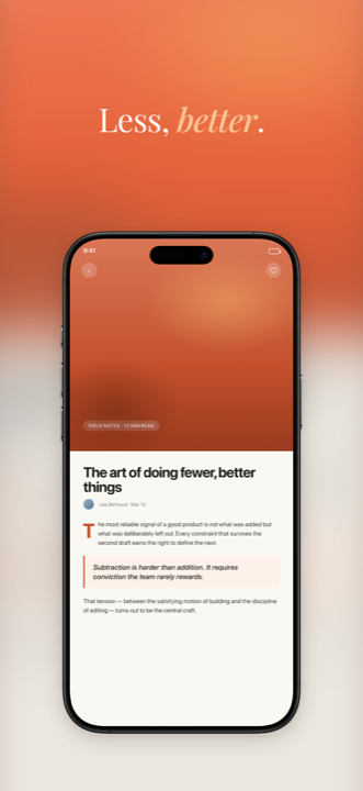 AppScreen example — Glass theme, the device's own screenshot blurred and tinted to fill the canvas, iPhone 16 Pro Max frame, long-form article view inside the device.