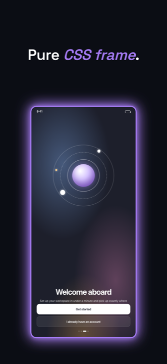 AppScreen example — Glow generic frame with purple halo border drawn in CSS, dark background, onboarding screen with rings and orb inside the device.