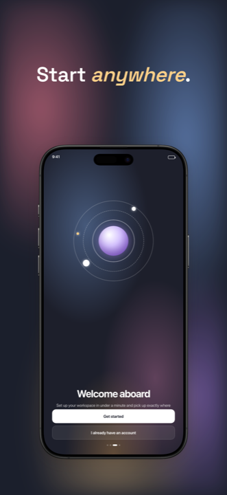 AppScreen example — Mesh theme, multi-colour gradient blob background, iPhone 16 Pro Max device frame, onboarding screen with concentric rings and a purple orb inside the device.