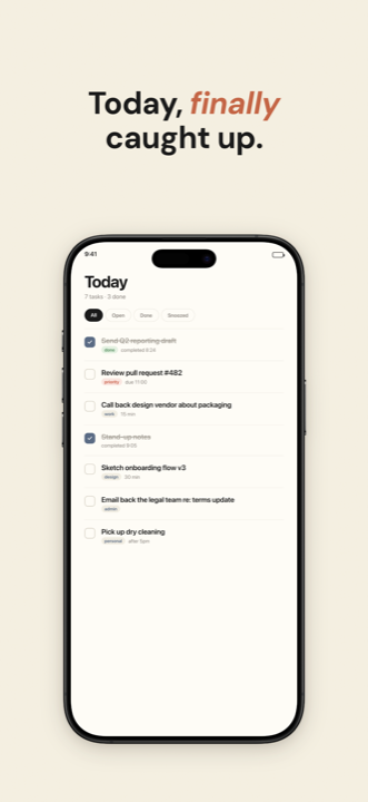 AppScreen example — Paper theme, cream background with film grain overlay, iPhone 16 Pro Max device frame, task list inside the device with completed and outstanding items.